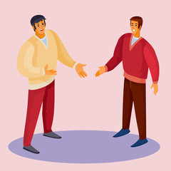 a man in a red sweater holds out his hand for greeting to a man, a man in a light sweater holds out his hand in response, pink background, separate layers, vector illustration
