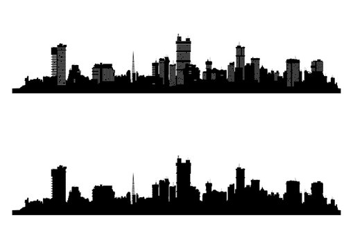 Modern cityscape. Black silhouette of the city with and without windows. Flat vector.
