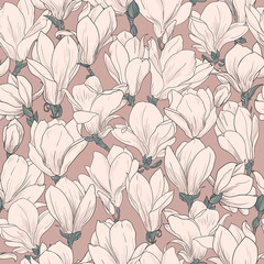 Magnolia pattern, line floral ornament. Seamless background. Hand drawn illustration in vintage style, beige color