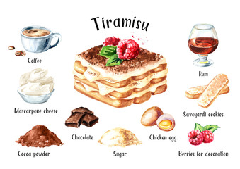 Tiramisu, Italian traditional sweet dessert recipe ingredients set. Watercolor hand drawn illustration isolated on white background