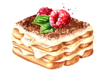 Tiramisu, Italian traditional sweet dessert with fresh raspberry. Watercolor hand drawn illustration isolated on white background