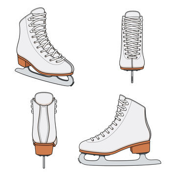 Set of color images with white skates for figure skating. Isolated vector objects on a white background.