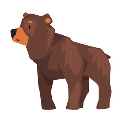 Cute Brown Grizzly Bear, Wild Animal Character, Side View Cartoon Vector illustration