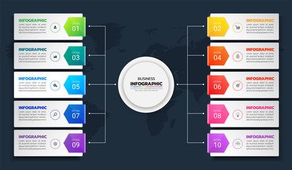 Colorful Infographics template 10 options, business data visualization, can be used for workflow layout, diagram, website, corporate report, advertising, marketing. vector illustration.