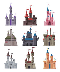 Medieval Stone Castles Collection, Ancient Fortified Fairytale Fortresses and Palaces with Towers Vector Illustration © topvectors