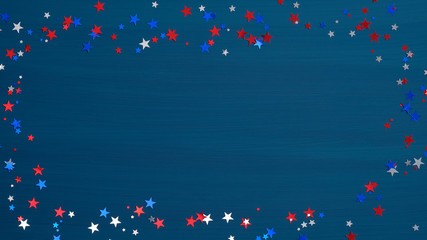 Frame made of confetti stars ob blue background. Happy Presidents Day banner mockup, Independence...