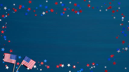 Fototapeta na wymiar Happy Independence Day, 4th of July greeting card with American flags and confetti stars on blue background. Happy July Fourth concept.
