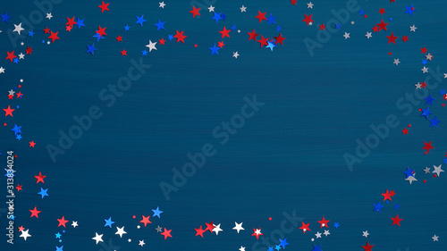 Frame made of confetti stars ob blue background. Happy Presidents Day banner mockup, Independence day greeting card template. American national holidays concept.