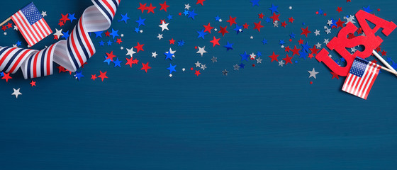 Happy Presidents Day Banner template. USA grosgrain ribbon with confetti stars and American flags on blue background. USA Independence Day, Labor Day, Memorial Day, US election concept.