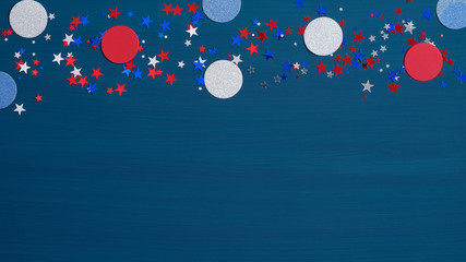 American labor day banner template. Confetti stars in American flag colors and decorations on blue background. USA Presidents Day, Independence Day, Memorial Day, US election concept.