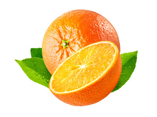 Fresh ripe orange fruit and orange fruit half cut isolated. Juicy orange fruit design elements composition with focus stacking, white background. Tasty citrus fruit isolated, healthy nutrition concept