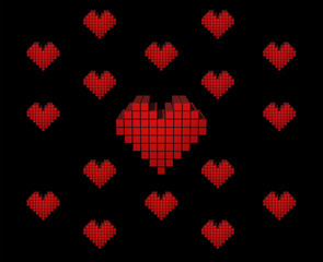 Fototapeta na wymiar Red pixel heart on a black background. Love card concept. Saint Valentine's Day.