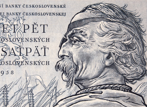 Jan Zizka (1360-1424) portrait on 25 Czech korun (1958). Czech national hero, great military leader and innovator.