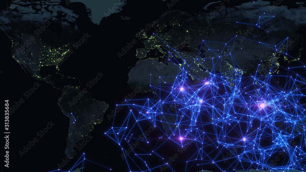 Wall mural global network for the exchange of data on the planet earth. blue black ground. digital abstract tec