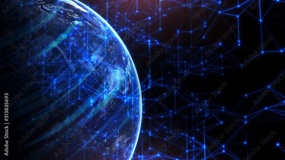 Wall mural global network for the exchange of data on the planet earth. blue black ground. digital abstract tec