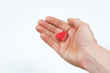 red heart in outstretched hand on a white background top view