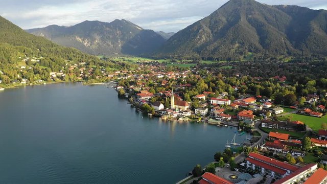 Tegernsee, Germany. Lake Tegernsee in Rottach-Egern (Bavaria), Germany near the Austrian border. Aerial view of the lake "Tegernsee" in the Alps of Bavaria. Bad Wiessee. Tegernsee lake in Bavaria.