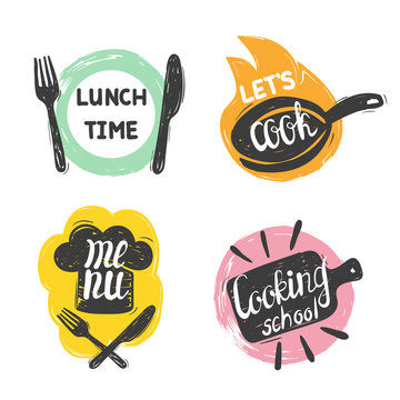 Doodle Cooking Food Logo Set. Hand Drawn Vector Kitchen Badges, Labels.