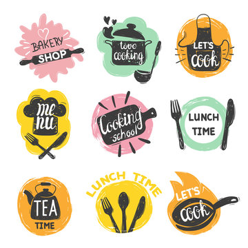 Doodle cooking food logo set. Hand drawn vector kitchen badges, labels.
