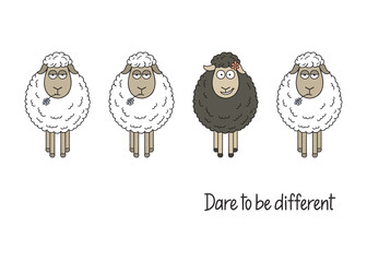 Cute smiling black sheep among white ones. Dare to be different hand written. Black sheep of the family, Standing out from crowd, Be yourself concept