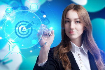 Business, Technology, Internet and network concept. Young businessman working on a virtual screen of the future and sees the inscription: