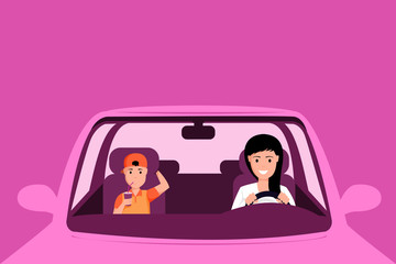 Woman driving pink car illustration. Mother and son sitting at front seats of automobile, family road trip. Young boy drinking soft drink with straw in vehicle isolated on pink background