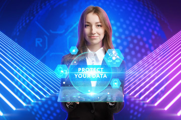 Business, Technology, Internet and network concept. Young businessman working on a virtual screen of the future and sees the inscription: Protect your data