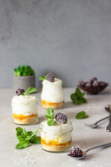 Homemade no baked dessert (cheesecake, trifle, mousse) with orange or peach jam in small portioned jars served with frozen berries and mint. Light grey stone background, copy space.