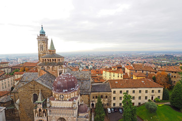 Fototapeta na wymiar Aerial view of Bergamo old town with Santa Maria Maggiore church