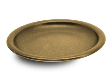 Golden plate isolated on white background.