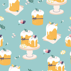 Vector illustration for Easter holiday. Seamless pattern with Easter cakes and painting eggs for prints, decoration and wrapping paper.