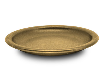 Golden plate isolated on white background.
