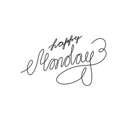 Happy Monday inscription, continuous line drawing, hand lettering small tattoo, print for clothes, t-shirt, emblem or logo design, one single line on a white background. Isolated vector illustration.