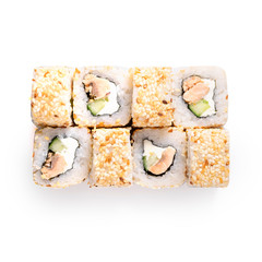 Sushi roll set on a white background top view. Isolated.