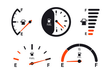 Set of Fuel gauge scales. Fuel meter. Fuel indicator. Gas tank gauge. Oil level tank bar meter. Collection Fuel gauge speedometer on a white background