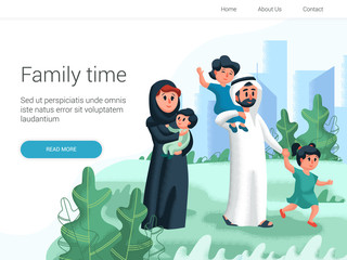 Arabic family walking with children in the park. Cartoon Vector illustration. Family day, celebration. Family time weekend.