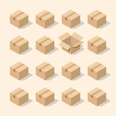 Creative layout pattern with cardboard boxes. Be special, be open among the closed. Minimal industrial concept in isometric style. 3D rendering.Creative layout pattern with cardboard boxes. Be special