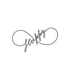 Infinity tattoo, happy, hand written calligraphy lettering text, print for clothes and logo design, t-shirt, emblem or logo design, continuous line drawing. Isolated vector illustration.