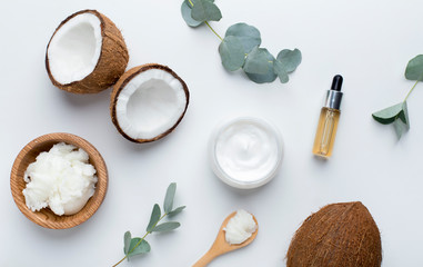 Fototapeta na wymiar Coconut butter,rosemary essential oil, fresh natural skin care