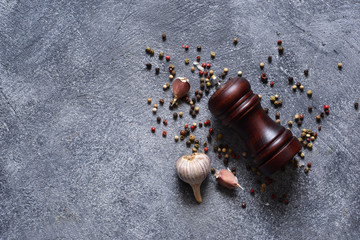 Pepper mill. Spices for cooking. View from above
