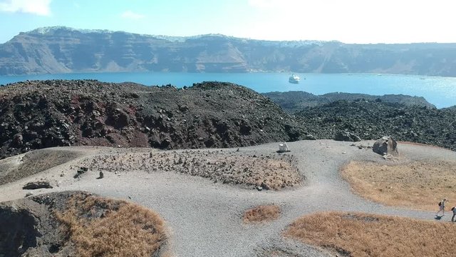 Aerial view on the Nea Kameni volcano island near Santorini island at sunny weather at Greece