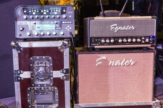 Tube sound amplifier Egnater Tweaker. Guitar amplifier, preamp and power amp detail, gain and tone control knobs