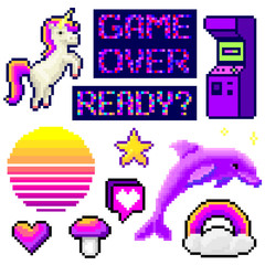 Set of minimalistic pixel art vector objects isolated. game 8 bit style minimalistic pixel graphic symbols group collection. vaporwave