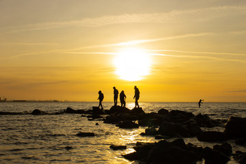 Silhouettes of people on the background of a sunset in the bay