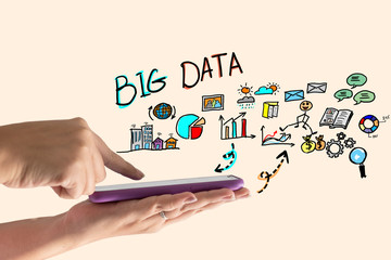 The hand of a woman using a smartphone There is a sketch drawing of the Big Data concept above.