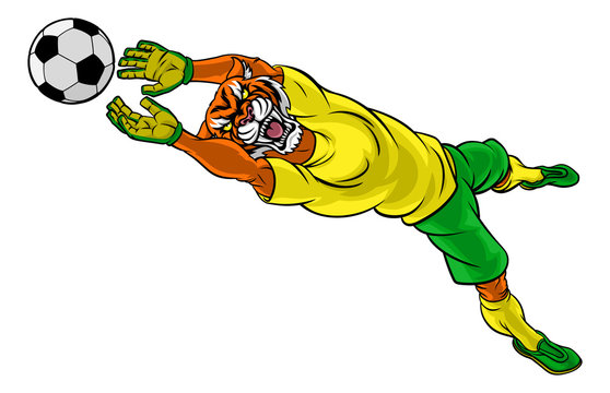 A tiger soccer football player goal keeper cartoon animal sports mascot diving to catch the ball