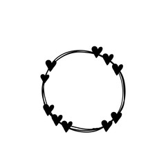 hand drawn Vector illustration of circle heart wreath. Ink drawing, beautiful wedding design element.