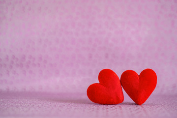 Accessories of decorations valentine's day holiday background concept.Essential item colorful red love couple shape on modern pink paper wallpaper.blank space for mock up creative design.