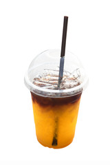 Ice orange juice topping with espresso coffee isolated on white background