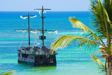 Pirate ship on the coast of Caribbean island, Punta Cana, Dominican Republic